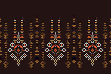 Traditional ethnic motifs ikat geometric fabric pattern cross stitch.Ikat embroidery Ethnic oriental Pixel brown background. Abstract,vector,illustration. Texture,scarf,decoration,wallpaper.