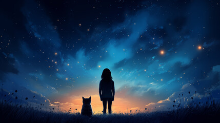 Girl and cat look at the starry sky - obrazy, fototapety, plakaty