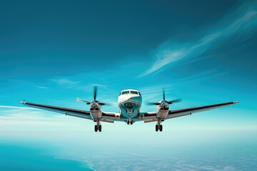 A propeller plane flies through a sky of blue, in the style of minimalist abstracts, aerial view.