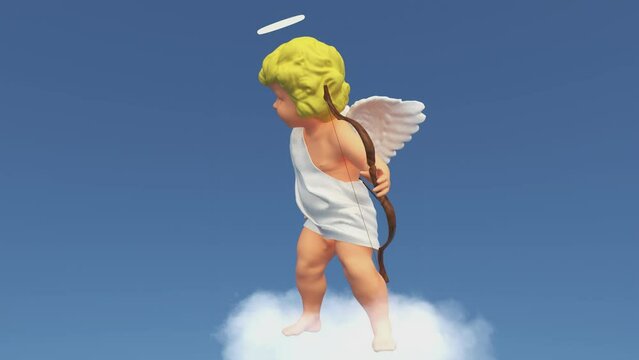 Funny angel cupid with wings dancing on a cloud on blue background and shooting an arrow from a bow. 3d Background For Love. Valentine's Day concept. Invitation to a wedding or date. 3d rendering.