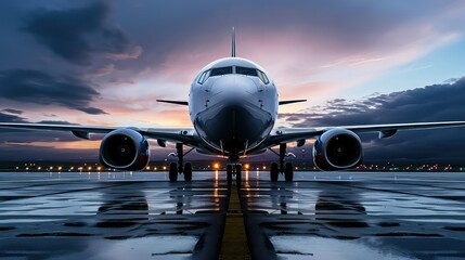Passenger plane front shot, scene above the ground, front angle photo, industrial angle. - obrazy, fototapety, plakaty