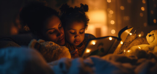 single mother reading a book to her child in bed with warm light
