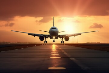 Naklejka premium Side View of A plane taking off from airport runway, Sunset background.