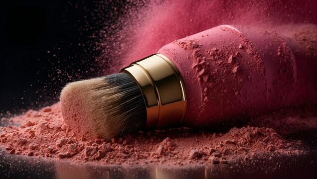 High fashion magazine cover photo, makeup, pink powder explosion, make-up brush