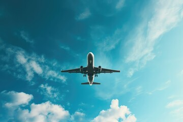 The plane flying in the sky with copy space.