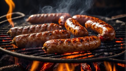 fiery sausages grilled on a rustic grill - obrazy, fototapety, plakaty