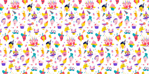 Festive Birthday Diverse Cartoon Characters and Party Elements Seamless Pattern