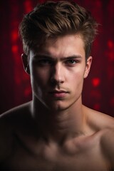 Fototapeta premium portrait of a very handsome shirtless man, 20 years old, red valentine background, red hearts, love