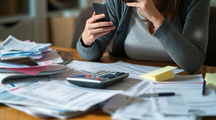 a stress woman managing taxes on the phone with a tax advisor - obrazy, fototapety, plakaty