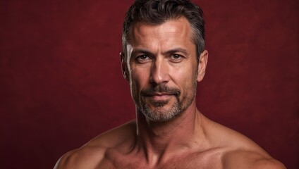 Fototapeta premium portrait of a shirtless man, 40 years old, handsome, red valentine background, love