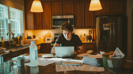 young man managing taxes at home staring at a laptop screen in kitchen - obrazy, fototapety, plakaty
