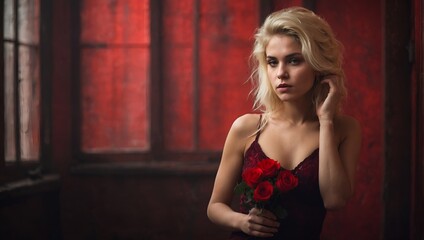 portrait of a blonde woman in red, valentine's day background, red hearts and roses, 20 years old