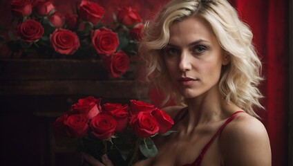 portrait of a blonde woman in red, valentine's day background, red hearts and roses, 30 years old