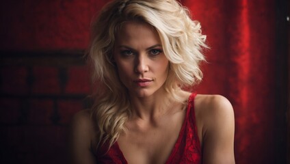 portrait of a blonde woman in red, valentine's day background, red hearts and roses, 30 years old
