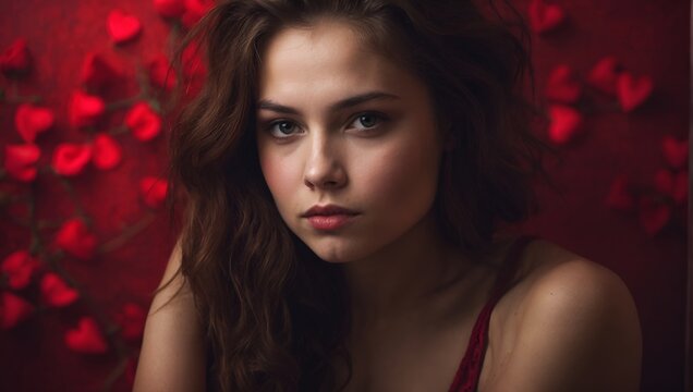 portrait of a brunette in red, 20 years old woman, valentine's day background, red hearts and roses