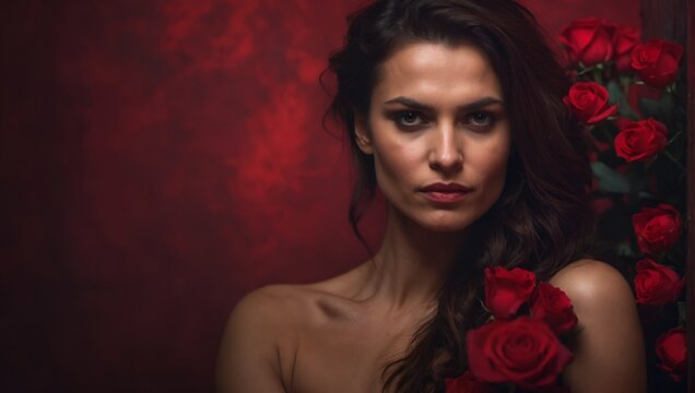portrait of a brunette in red, 30 years old woman, valentine's day background, red hearts and roses
