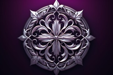 Minimalistic silver emblem with intricate details, isolated on a deep purple background.