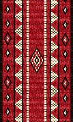 A Vertical Traditional Arabian Sadu Weaving Pattern In Red Black And White Wool - obrazy, fototapety, plakaty