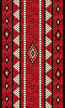 A Vertical Traditional Arabian Sadu Weaving Pattern In Red Black And White Wool