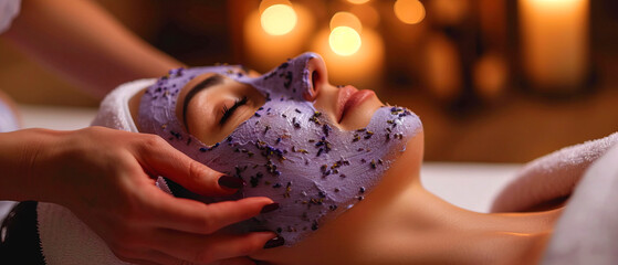 Cosmetologist applies lavender mask to woman's face in spa salon, beauty treatment, relaxation and...
