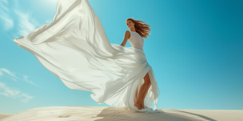 Fototapeta na wymiar A graceful woman in a white flowing dress dances on a desert dune, her movement harmonious with the wind, under a clear sky.