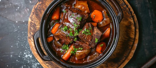 German-style braised beef cheeks in red wine sauce with carrots and onions presented in a contemporary stewpot on a rustic board, seen from above.