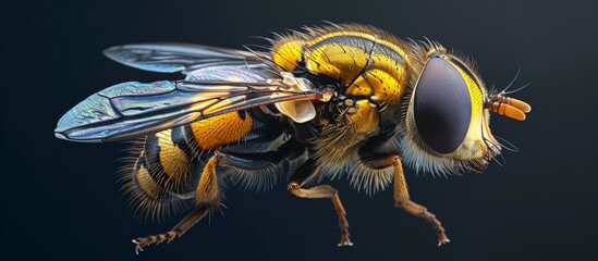 The Drone fly is a hoverfly that mimics a male honey bee and drinks nectar from flowers. Its larvae are aquatic and known as rat-tailed maggots.