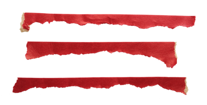 Several strips of torn paper red tape cut out on transparent background