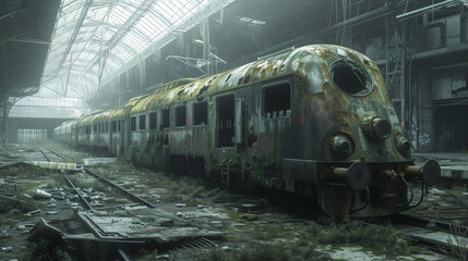 Image of an Abandoned Train in a Ruined Train Sta.