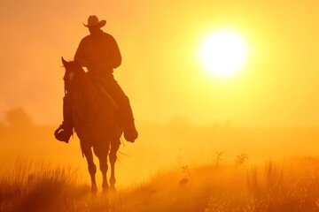 Cowboy on Horseback at Dawn, Golden Sunrise Over the Plains