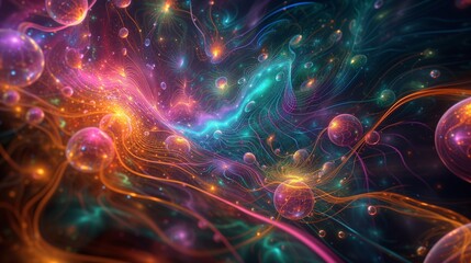 Rainbow colored energy fields, quantum particles and oceans admist the foam