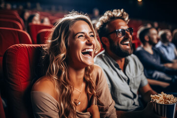 Photography of friends or couple laughing and watching a movie in the cinema