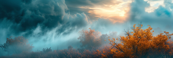 Ethereal morning scene with orange autumn trees amidst swirling mist and a radiant sunrise.