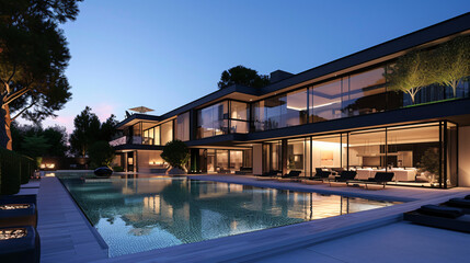 Impressive Modern Mansion with Pool at Dusk.