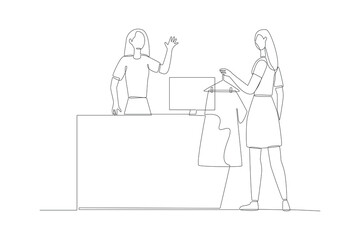 Continuous one line drawing Happy people shopping. Shopping concept. Doodle vector illustration.
