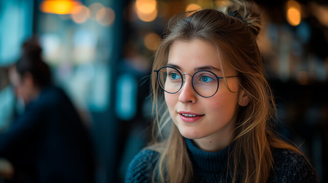Retrato de cerca de una guapa mujer joven de pelo rubio con gafas 