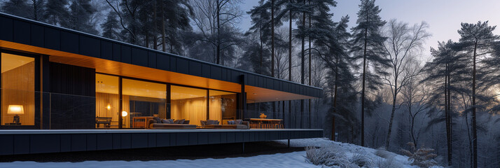Sleek modern cabin with expansive glass windows in a snowy forest at twilight