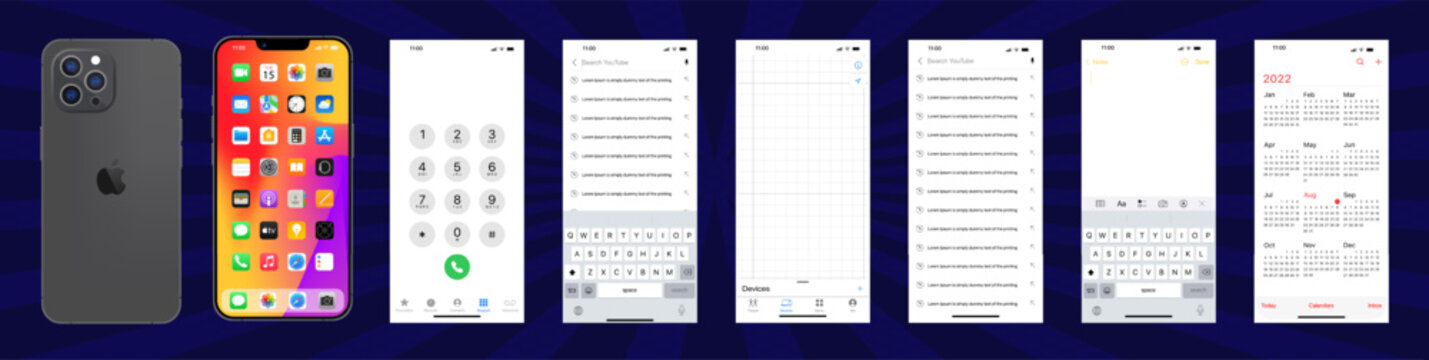 Iphone 15. Apple mockup. Apple interface. Apple apps. Phone navigation page. Calendar, notes, history, main menu. IOS call screen design concept. Editorial vector illustration