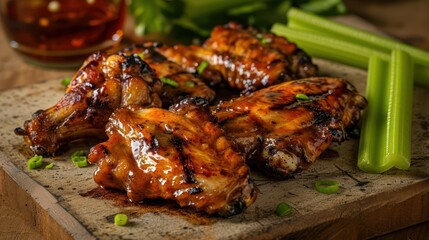 grilled chicken wings, with a flavorful glaze and tiny celery sticks on the side, arranged on a sports bar-inspired setting