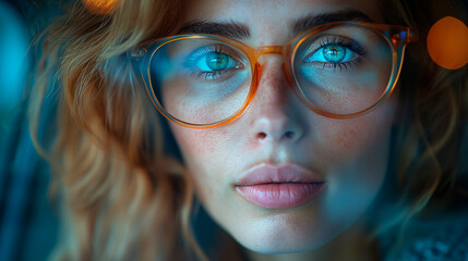 Retrato de cerca de una guapa mujer joven de pelo rubio con gafas  - obrazy, fototapety, plakaty