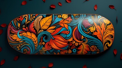 Top view of a custom skateboard deck mockup with artistic graphics on a solid background