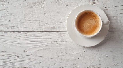 Overhead view of a white cup of coffee on a whitewashed wooden table, providing a minimalist and clean aesthetic