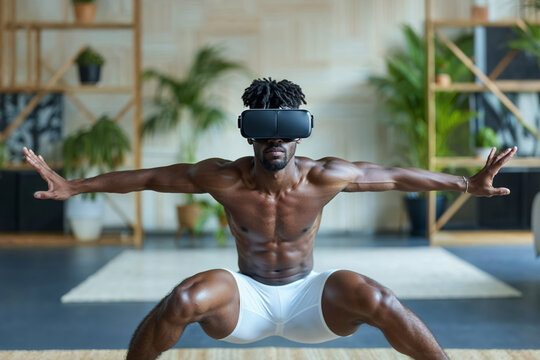 Athletic Man Using Virtual Reality Headset While Exercising