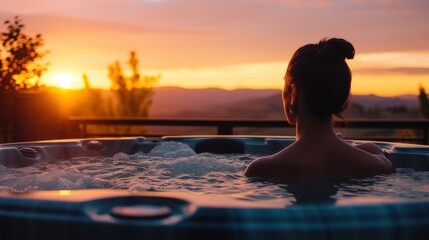 A young woman finds serenity and relaxation as she enjoys a spa treatment in a jacuzzi
 - obrazy, fototapety, plakaty