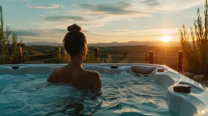 A young woman finds serenity and relaxation as she enjoys a spa treatment in a jacuzzi
 - obrazy, fototapety, plakaty