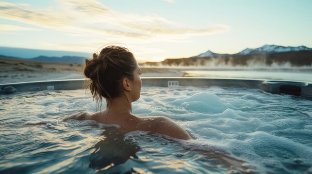 A young woman finds serenity and relaxation as she enjoys a spa treatment in a jacuzzi
