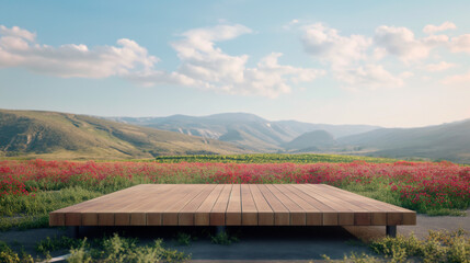 Wooden Farm Landscape Platform Empty Blank Plate Field Acre Vegetables Harvest Crop Farmland Cultivation Gardening Agriculture Harvesting Podium Pedestral Table Stand Mockup Product Background
