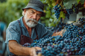 Mature male farmer pours blue grapes into a trailer in a vineyard.
