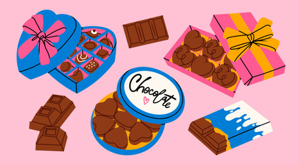 Various Chocolate set. Different shapes of chocolate. Candies in box, bars and sweets. Tasty cocoa products. Hand drawn modern Vector illustration. Sweet, delicious dessert. Isolated design elements