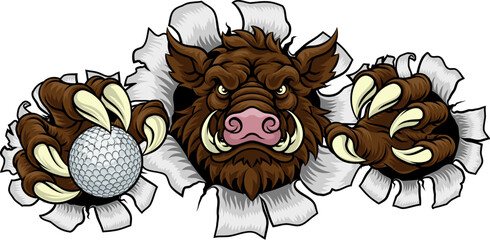 A wild boar, hog razorback warthog pig mean tough cartoon sports mascot holding a golf ball